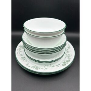 Lot Of 12 Corelle Callaway Ivy Green Rim Swirl Edge Plates & Bowls White